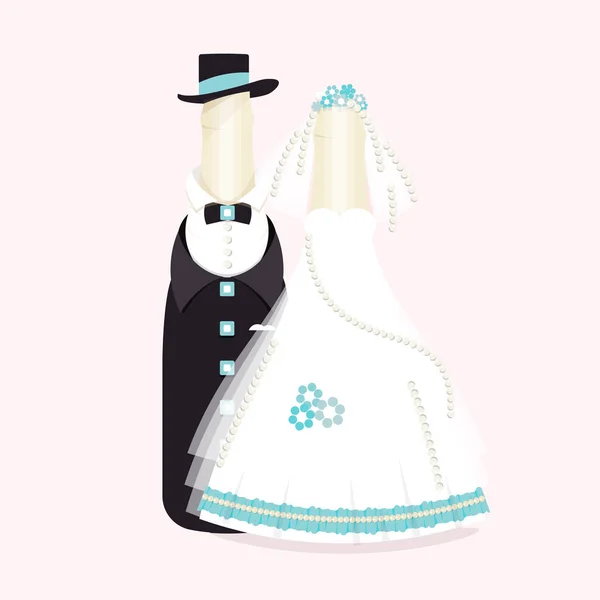 Flaskor vin, champagne i kostymer nygifta. elegant bröllop design. Abstrakta brudgummen och bruden souvenirer, tårtdekorationer. Vektorillustration. — Stock vektor