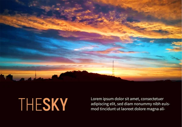 Gyönyörű színes napsütés és napkelte háttér vector ég. Világos narancs nap és a csodálatos felhők — Stock Vector