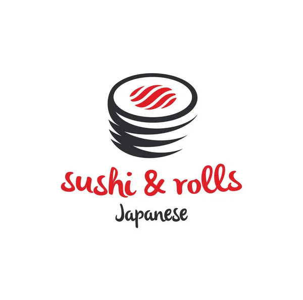 Sushi y rollos con barra de palillo o plantilla de logotipo de vectores de restaurante. Cocina tradicional japonesa o china, sabroso icono de la comida. Abstracto color negro y rojo para emblema asiático. — Vector de stock