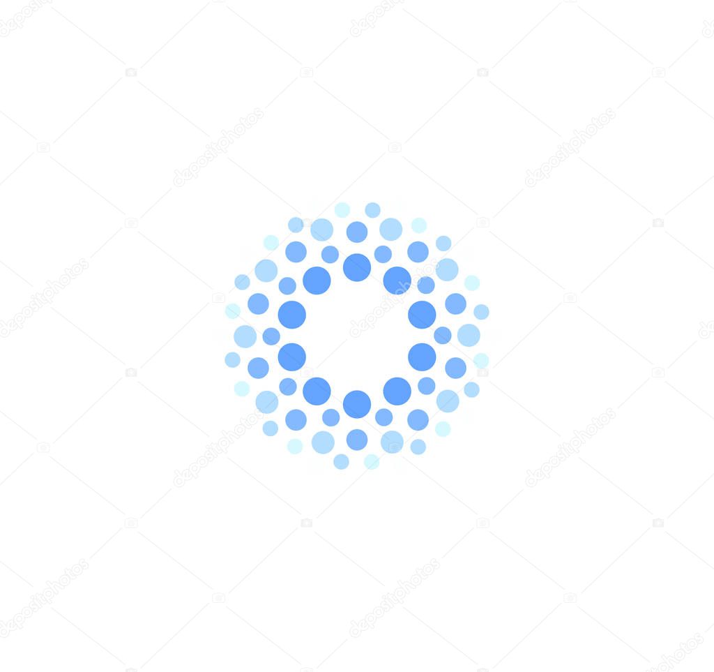 Abstract blue color round logo from circles. Water vector logotype template. Innovative cleaning and freezing method. Sparkling drink icon.