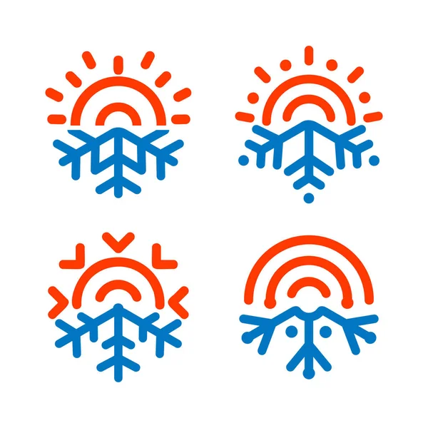 Emblemas de sol e floco de neve. Tempo, ícone de temperatura. Congelamento, aquecimento, símbolos de vetor ensolarados e gelados. Qualquer logotipo abstrato tempo. Ar condicionado, elementos de design infográfico de controle climático . — Vetor de Stock