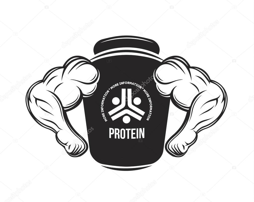 Sport nutrition. Protein jar. Fitness. Protein, dumbbell, energy drinks. Bodybuilding food supplement monochrome vector logo.