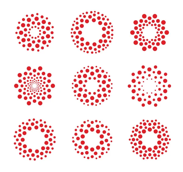 Forme ronde, logo à points vectoriels abstraits. Ensembles inhabituels. Virus de la biologie, icône de la technologie d'innovation. Soleil circulaire isolé. Cercle isolé collection de symboles orange . — Image vectorielle