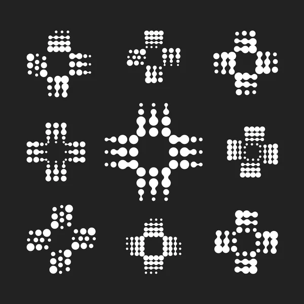 Abstraktes medizinisches Symbol, Sammlung weißer Kreuze aus Kreisen auf schwarzem Hintergrund. Vorlage: Logo der Apotheke. — Stockvektor