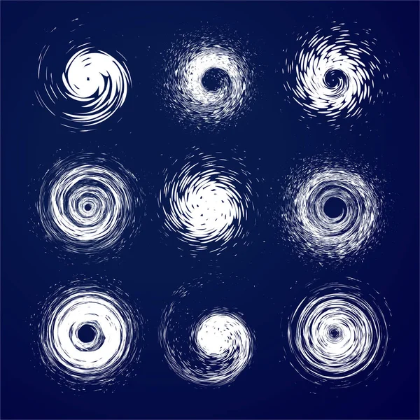 飓风, 台风, 龙卷风漏斗, 风风暴标志。抽象扭曲的形状。热带气旋白标识收集, 矢量孤立插图集. — 图库矢量图片