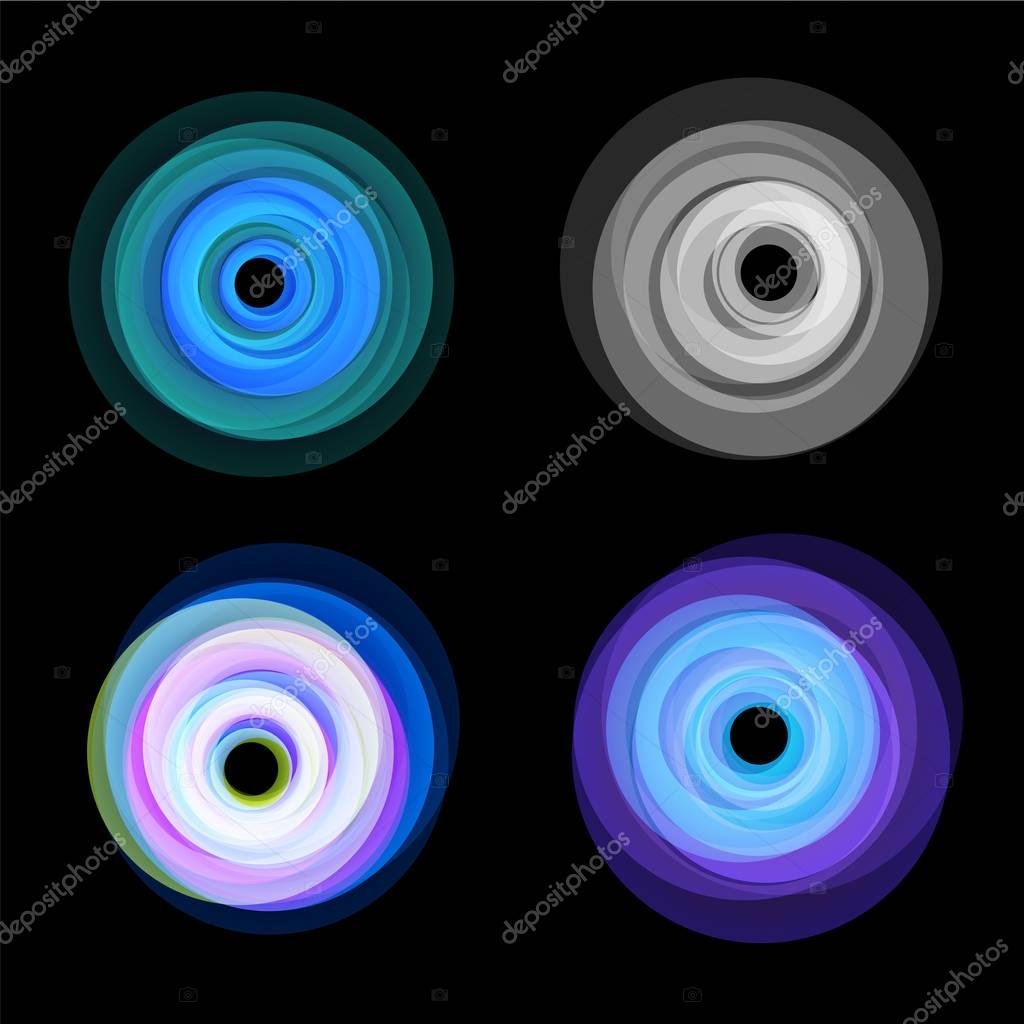 Hurricane, typhoon, tornado funnel, wind storm logo. Abstract twisted shapes. Tropical cyclone logotype collection, vector isolated illustrations set