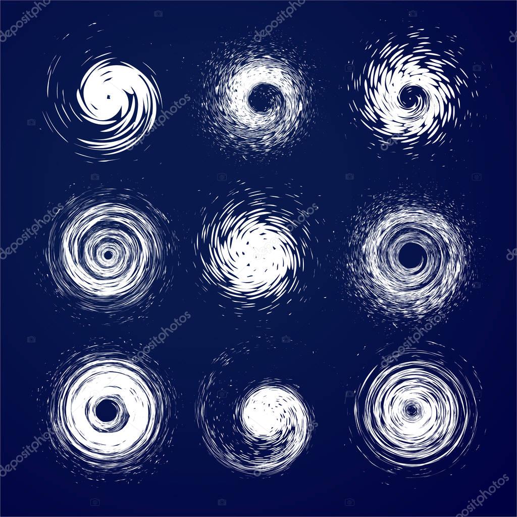 Hurricane, typhoon, tornado funnel, wind storm logo. Abstract twisted shapes. Tropical cyclone white logotype collection, vector isolated illustrations set