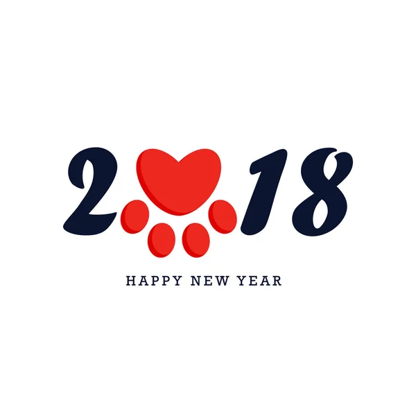 С Новым 2018 годом, черный текстовый дизайн с красной собачьей лапой в форме сердца, векторная иллюстрация на белом фоне . — стоковый вектор