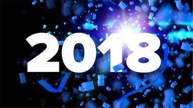 Vektör 2018 Happy New Year mavi ve beyaz illüstrasyon kızdırma, kurdeleler ve siyah arka plan üzerine konfeti ile.