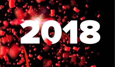 Vektör 2018 mutlu yeni yıl kırmızı ve beyaz illüstrasyon kızdırma, kurdeleler ve siyah arka plan üzerine konfeti ile.