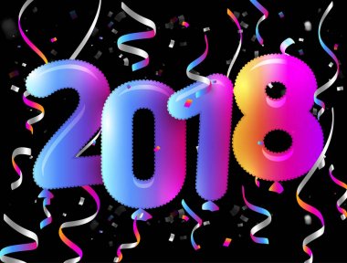 Eve mutlu yeni yıl kartı. Renkli gradyan sembolü balonlar poster. Siyah arka plan ile renkli düşen konfeti ve patlama şeritleri. Vektör çizim.