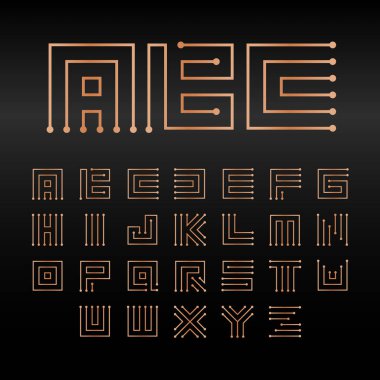 Dijital vektör alfabesi, izole soyut teknoloji yazı tipi. Mikroçip Abc logo koymak. Elektronik devre işaretleri koleksiyonu.