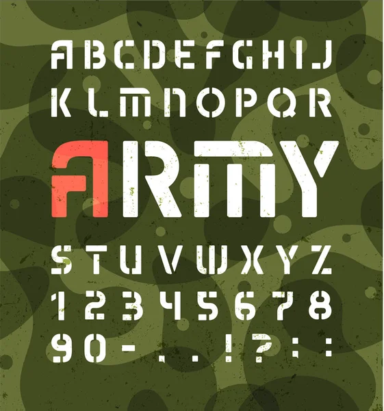 Alphabet militaire. Stencil police militaire avec des numéros. Symboles vectoriels sur fond vert kaki . — Image vectorielle