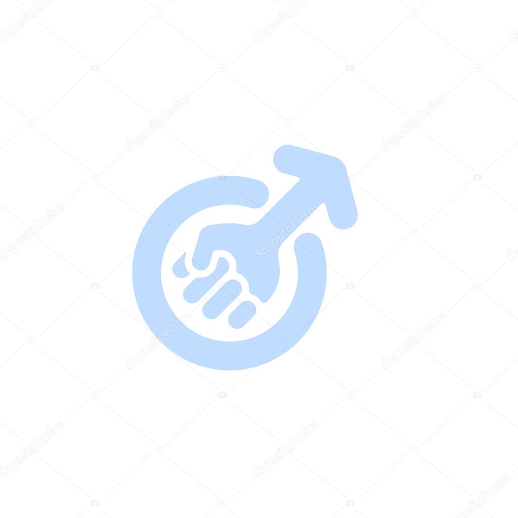 Masculism symbol, blue male fist color with arrow in circle vector sign template. Men rights fight icon.