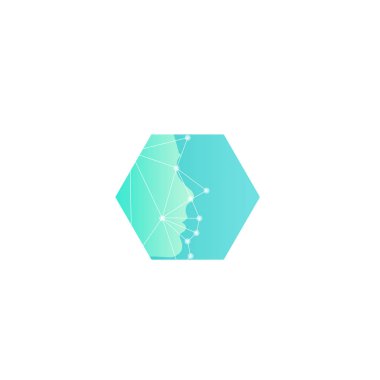 İnsan taklit eder, gelecekteki soyut vektör logosu şablonun yeni teknolojileri araştırma. Yüz tarama kılavuzu olan. Turkuaz altıgen şekil.