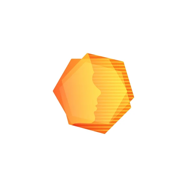 Abstarct arancione forma geometrica, volto umano in esagoni con sfondo strisce, insolito logo vettoriale . — Vettoriale Stock