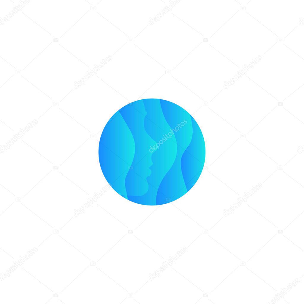 Abstract waving round shape, blue face with water waves vector logo template