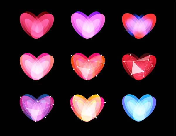 Красота необычная коллекция сердца. Абстрактная многоугольная конструкция. Символы Дня Святого Валентина, векторная иллюстрация. Шаблон логотипа киберлюбви . — стоковый вектор