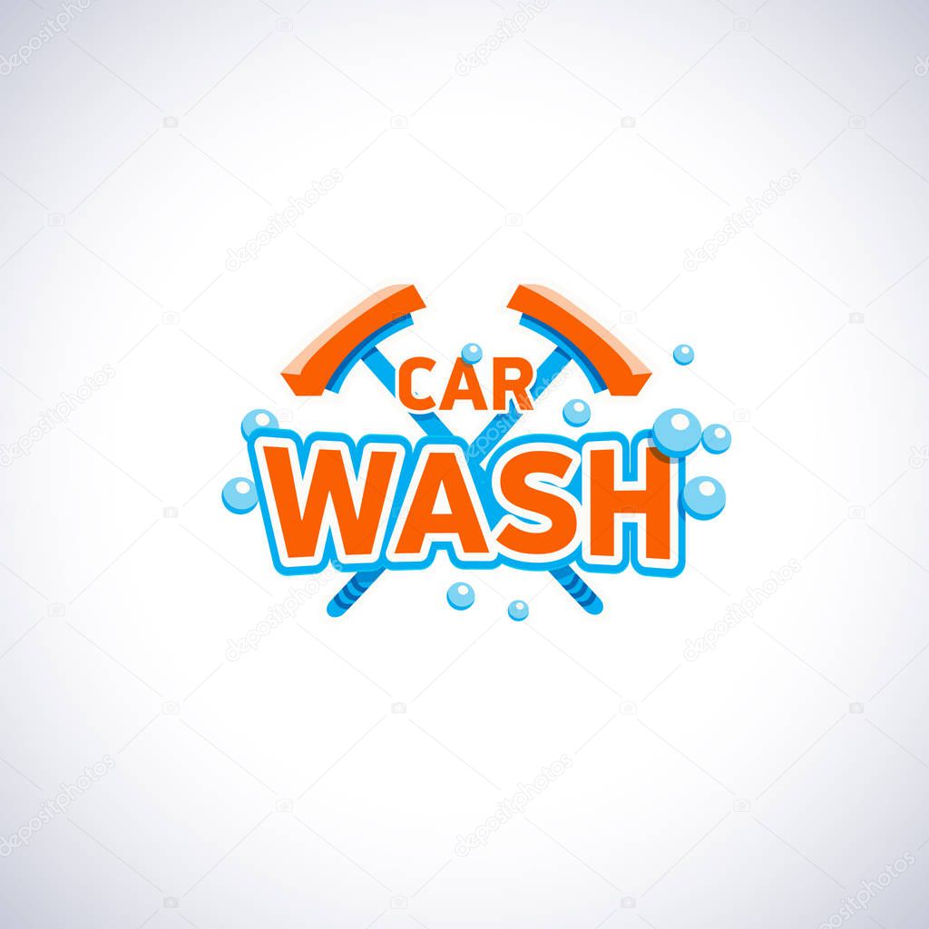 Car wash cartoon style emblem with bubbles and mop, isolated vector logo template. Cleaning service company logotype