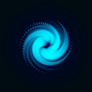 Kasırga, girdap, spiral şeklinde daireler, siyah zemin üzerine mavi vektör çizim soyut.