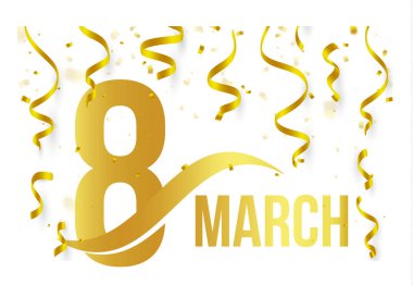 İzole altın rengi sayı 8 ile kelime Mart simgesine düşme ile beyaz arka plan altın konfeti ve şeritler, Bahar uluslararası kadın gün, tebrik logosu, kartı öğe, vektör çizim