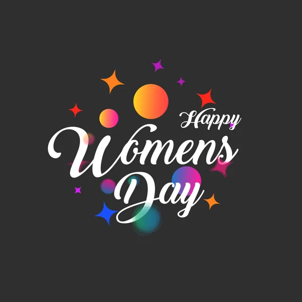 Salut abstract litere, Happy Womens Day, cu bile de zbor colorate și asteriscuri pe fundal gri . — Vector de stoc