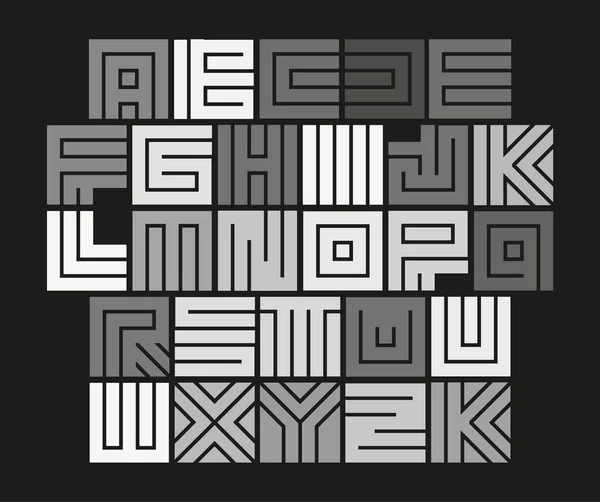 Geometrisches Irrgarten-Alphabet. isoliert ungewöhnliche Kachelbuchstaben gesetzt, abstrakter Vektor weiße Schrift auf schwarzem Hintergrund. — Stockvektor