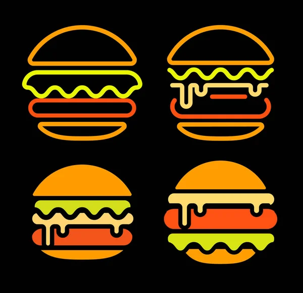 Burger resumen contorno vector logotipo conjunto plantilla, comida rápida aislado neón línea arte estilizado icono colección, ilustración inusual sobre fondo negro — Vector de stock