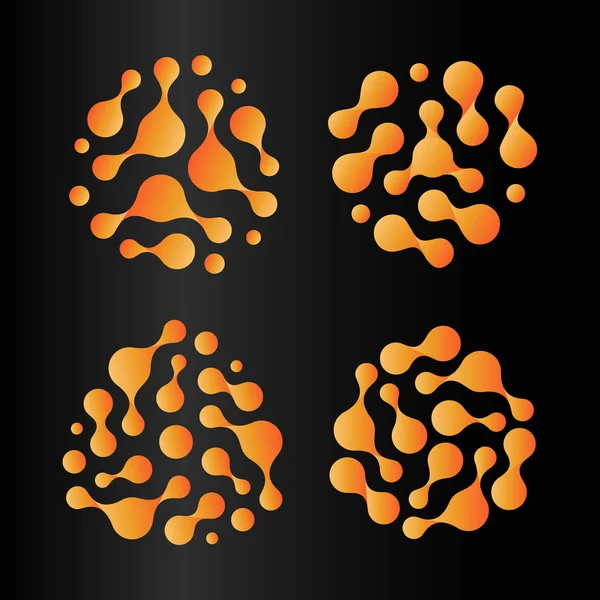 Abstrakte Sonnensymbole, orangefarbene heiße Logos, isolierte ungewöhnliche Bakterienform. radioaktives Element, Vektordarstellungen der Atomtechnologie auf schwarzem Hintergrund. — Stockvektor