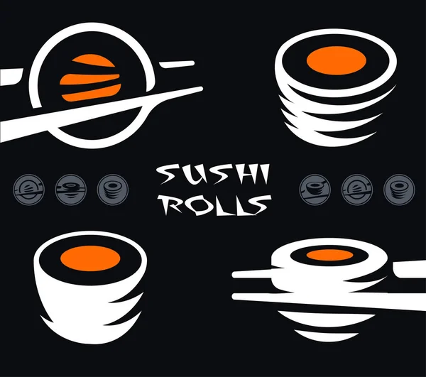 Japanisches Teller-Icon-Set, kaltgekochter Reis mit roher roter Fischgarnitur. Sushi und Roll Bar stilisierte Vektor-Logo-Vorlage. — Stockvektor