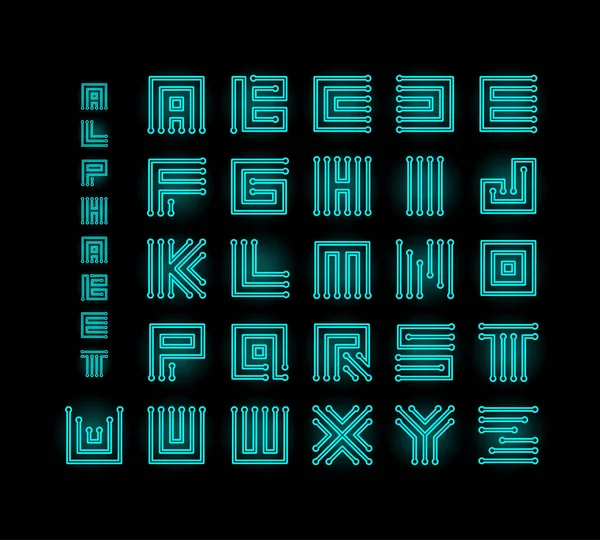 Tech Front, Technologie Vektor Alphabet, Chipsatz stilisierte Buchstaben, CPU-Datenbank Brief Logos setzen Vorlage, digitale Mikrochip lineare Labyrinth-Vektor-Illustration auf schwarzem Hintergrund. — Stockvektor