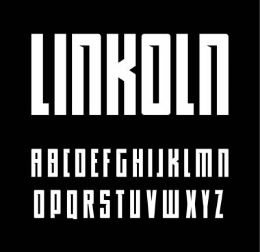 Kalın yazı ile serif, yoğun büyük yazı tipi, geometrik latin alfabesi, başlık büyük harf seti, içinde dar serif, siyah zemin üzerine beyaz harflerle vektör.