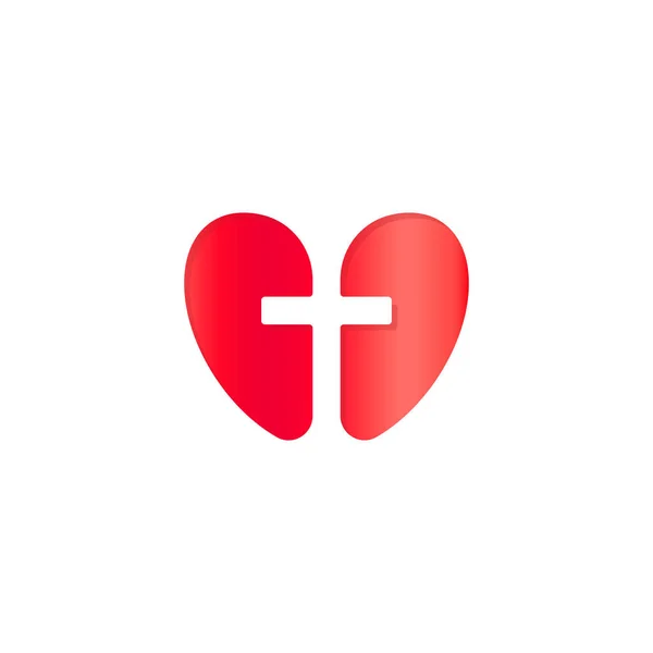 Símbolo cristão, silhueta de espaço negativo cruzado em coração vermelho, ícone de conceito de vetor. Logotipo da religião, ajuda dos deuses, cuidado, logotipo da fé . — Vetor de Stock