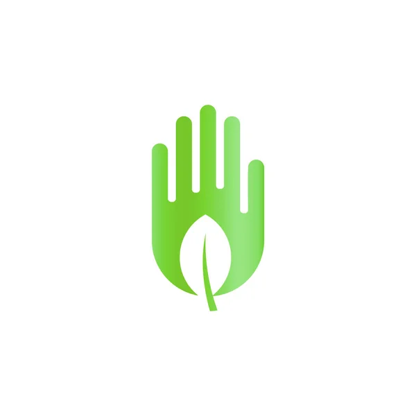 Hoja verde en la mano, icono abstracto de la cosecha, símbolo de cuidado ecológico, silueta de cosecha sobre fondo blanco, plantilla de logotipo de vector . — Vector de stock