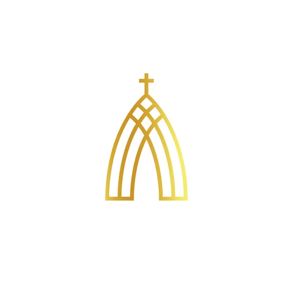 Church abstract minimalistic golden logo on white background. Outline religion vector logotype. Christian faith symbol. — Stock Vector