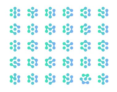 Yenilik teknoloji mühür küme. İzole biyoloji, kimya kavramı logo. AI logo toplama. Eczane reklam tıbbi iş sanayi logolar. Mavi soyut noktalar, Tıp bilimi, illüstrasyon vektör