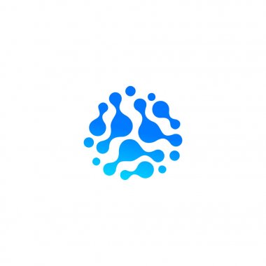 Mavi soyut su damla simgesi. Moleküler bileşik, kimyasal reaksiyon. Soyut şekli, izole logo, sıradışı sillhoutte sembolü.