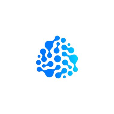 Mavi soyut su damla simgesi. Moleküler bileşik, kimyasal reaksiyon. Soyut şekli, izole logo, sıradışı sillhoutte sembolü.