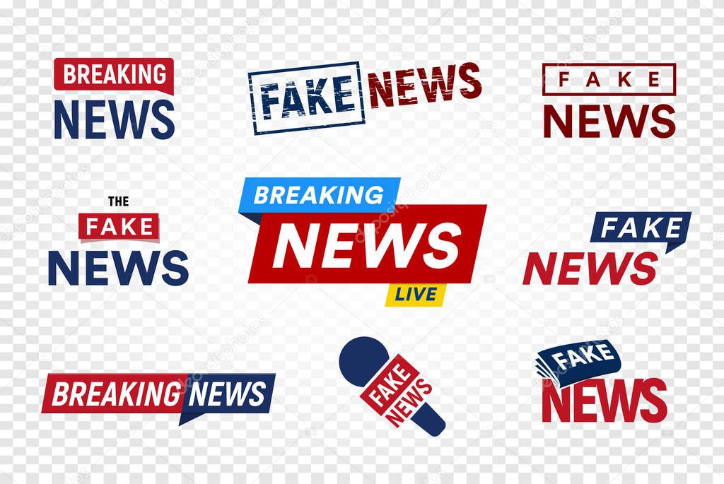 Breaking and fake news logo template on transparent background. Headline TV Stamp. World news vector illustration set.