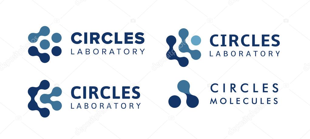 Abstract isolated logo from blue connect dots, hexagon logos template, molecular equipment sign, nano technology engineering symbol, computer chip icon, digital science laboratory vector logo set.