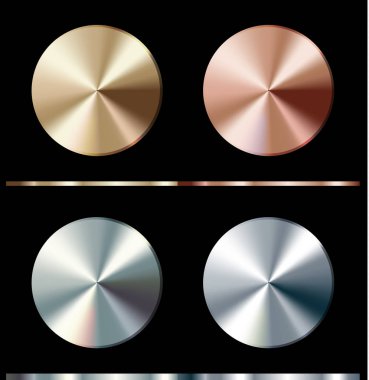 Metal degrade şablonu. Altın, gümüş, bronz, platin, çelik, krom yuvarlak yüzey, vektör çizim.