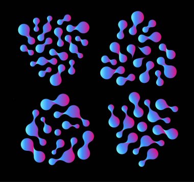 Soyut alışılmadık mavi, mor ve menekşe degrade şekilleri, izole vektör logo şablonu bırak. Biyolojik yapısı, nano teknoloji laboratuarı siyah arka plan üzerine.