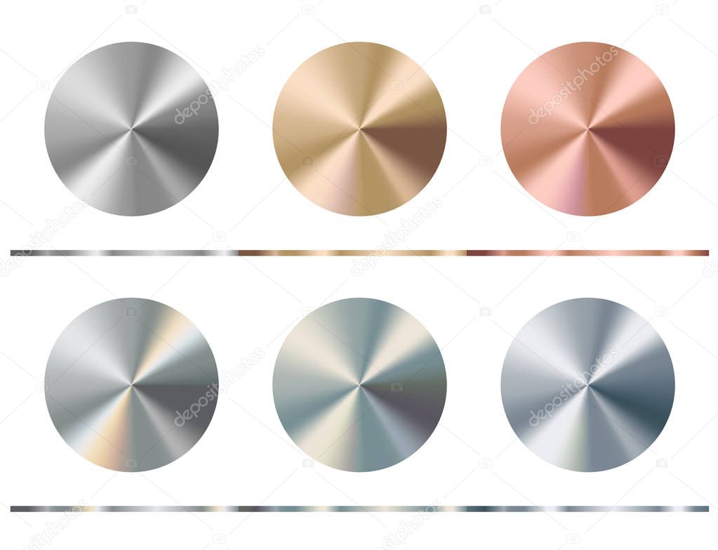Metal gradient template. Gold, silver, bronze, platinum, steel, chrome round surface, vector illustration