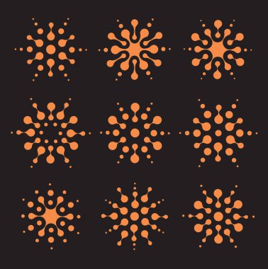 Logo güneş şablonu. Akıllı virüs işaretler. Olağandışı izole güneşli daireler Icons set. Ağ topluluk logo toplama. Turuncu vektör çizim, dijital sanat desen. Siyah arka plan.