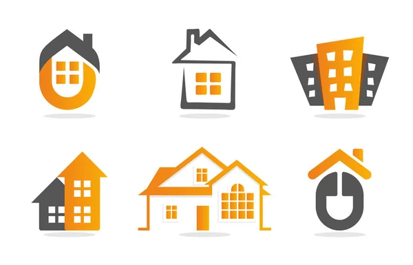 Logo Hausbau-Set. Sammlung von Immobilien-Ikonen. orangefarbener Schriftzug. — Stockvektor