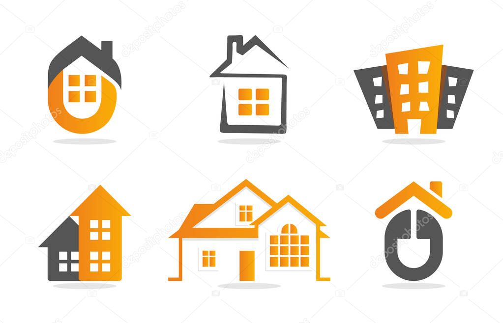 Logo house building set. Real estate icon collection. Home orange logotype