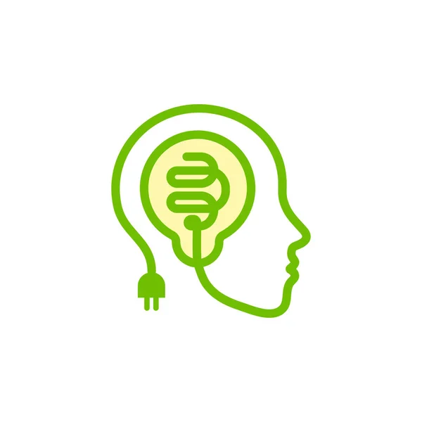 Silhouette du visage, contour de fil électrique stylisé avec une ampoule à l'intérieur de la tête. Icône d'idée, symbole de cerveau créatif, icône de contour de remue-méninges, logo de concept d'entreprise, illustration vectorielle verte . — Image vectorielle