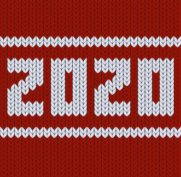 2020 números blancos sobre fondo rojo, textura de punto, prendas de punto de Navidad con adorno noruego, patrón sin costuras de año nuevo, ilustración vectorial — Vector de stock