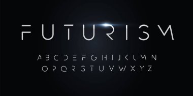 Fütürizm alfabesi. İnce segment yazı tipi, modern fütürist logo, zarif monogram, dijital cihaz ve hud grafiği için minimalist tip. Asgari biçim harfleri, vektör tipografi tasarımı.