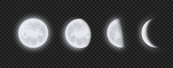 Maanfasen, afnemende of wassende halve maan op transparante geruite achtergrond. Maanverduistering in fasen van volle maan tot dunne maan, realistische vectorillustratie. — Stockvector
